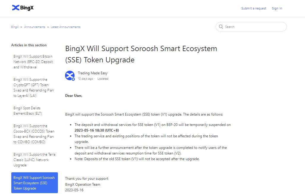 SSE | Swap | BingX | Announcement